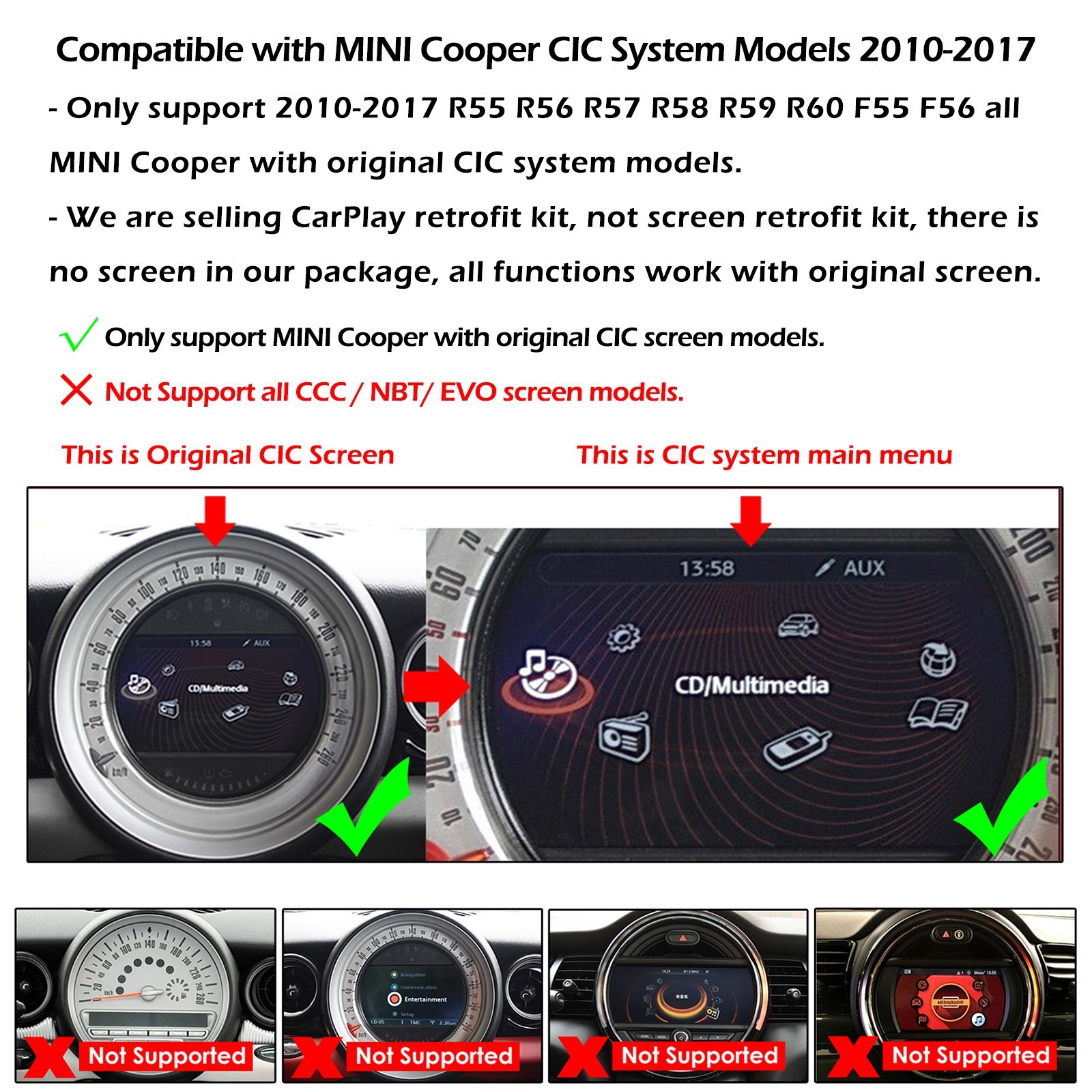 For MINI Cooper JCW CIC NBT Wireless CarPlay Android Auto Retrofit Kit 2010-2017