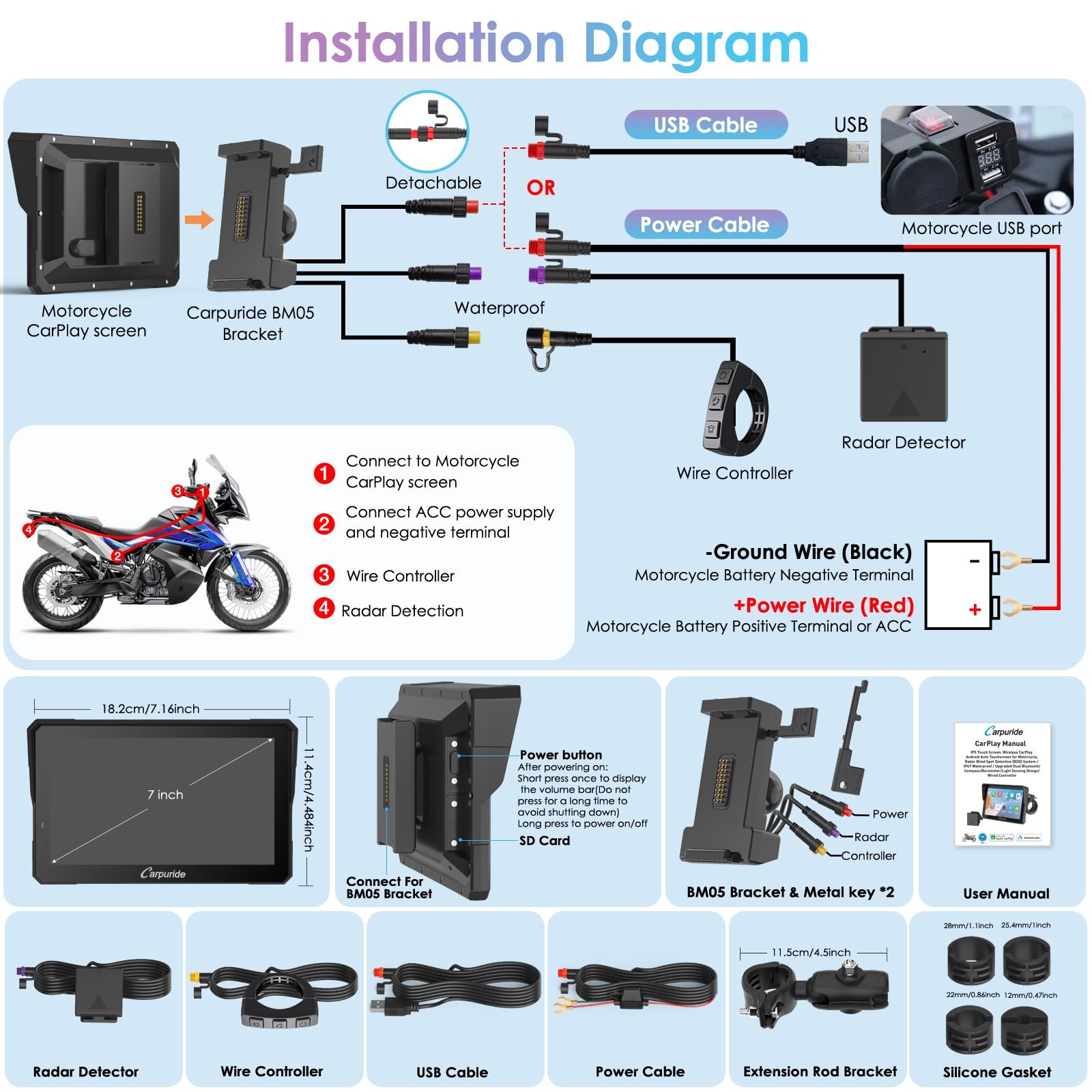 Carpuride W702RSPro Moto Radar BSD Carplay Screen Wired Controller Navi GPS BM05