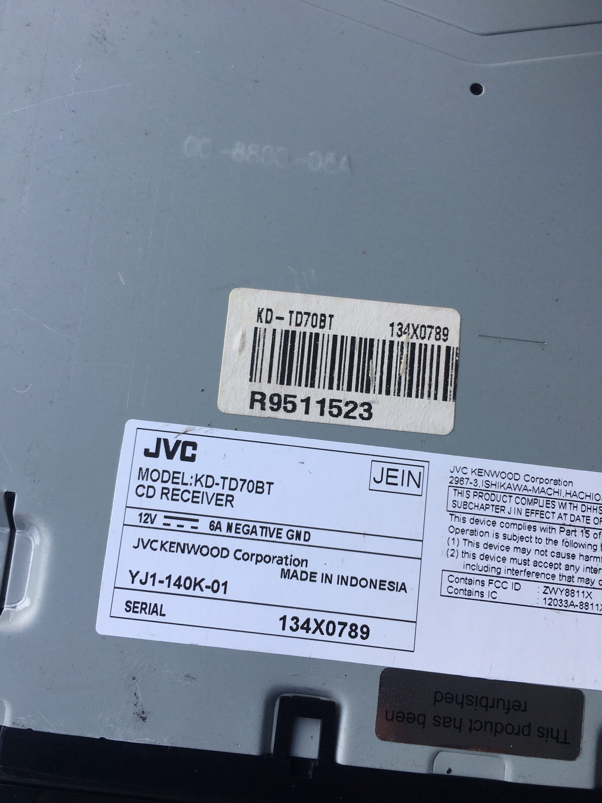 Used JVC KD-TD70BT CD RECEIVER CAR AUDIO – USB Bluetooth AUX CD MP3