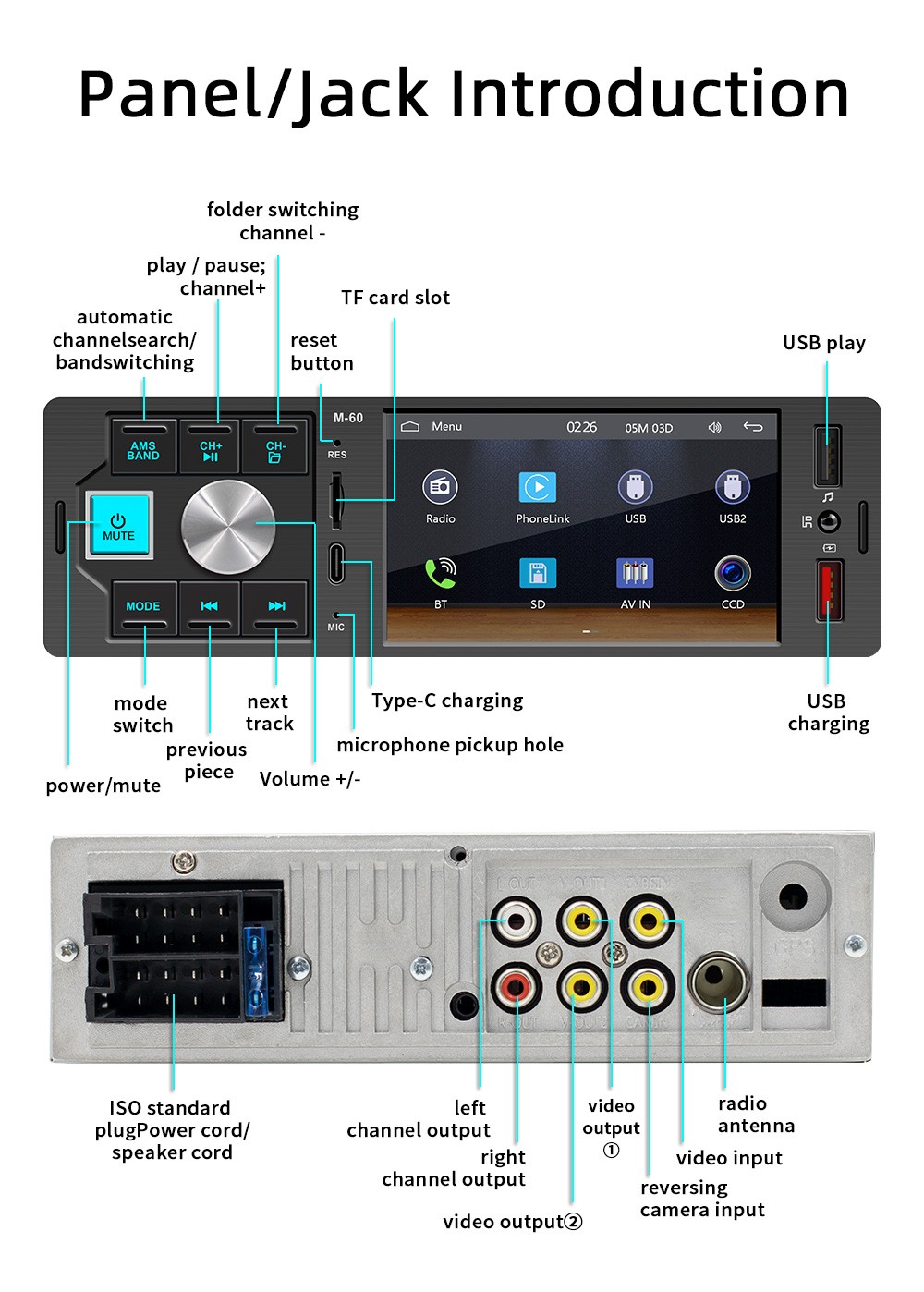 4.1in 1DIN Carplay Car Stereo Radio MP5 FM60 Type-C Bluetooth Mirror Link
