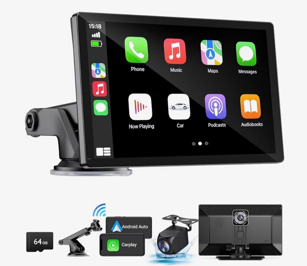 HAUXIY Wireless Carplay/Android Auto Screen for Car 4K Dash Cam, 9″ Portable