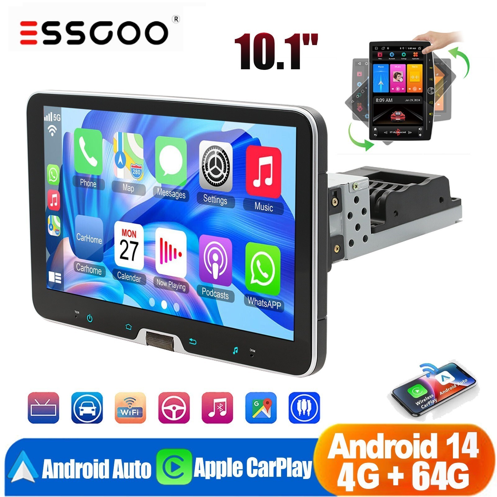 Single 1 Din Rotatable 10.1” Apple Carplay Android 14 Car Stereo Radio GPS NAVI
