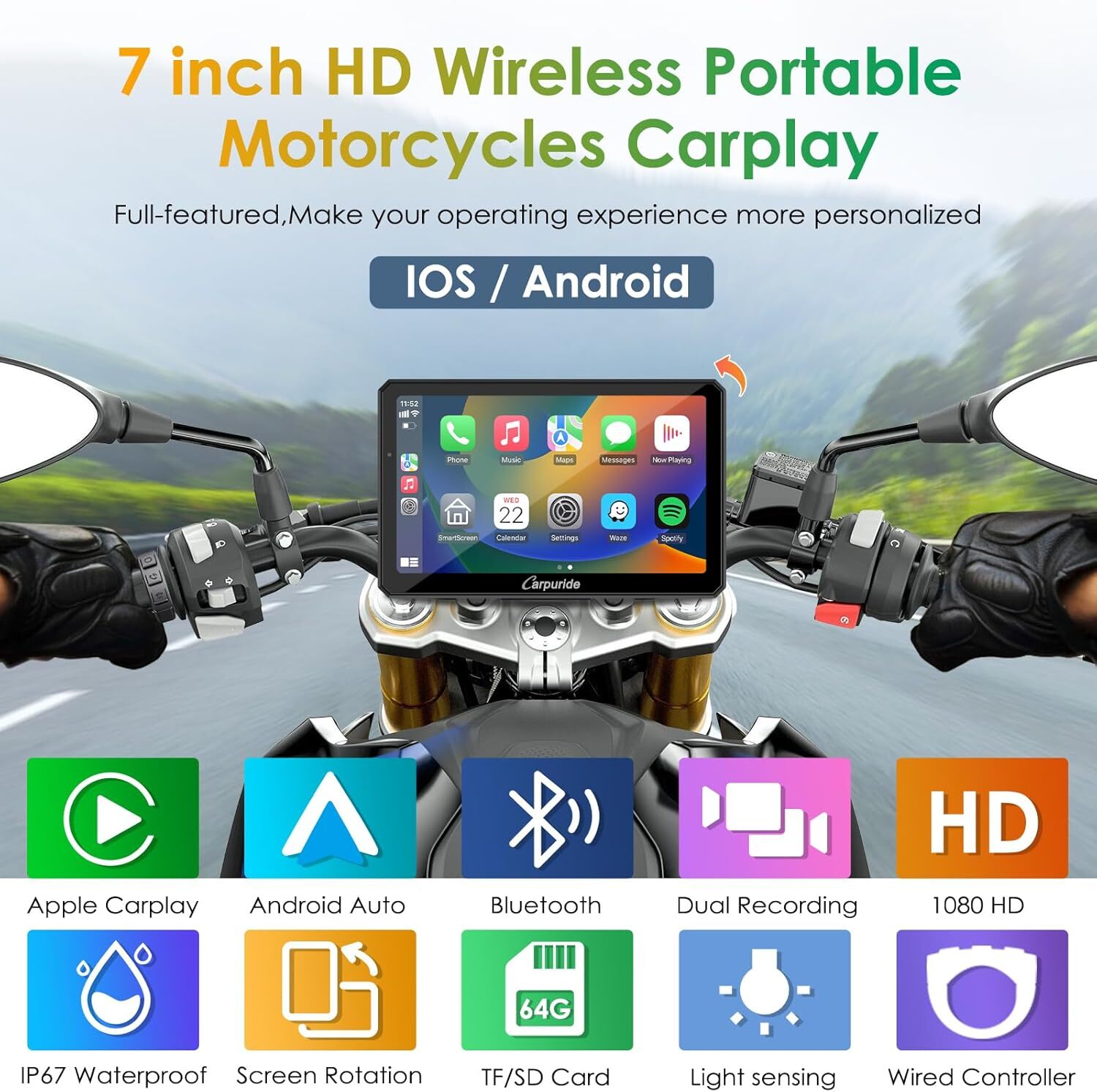 Carpuride W712D Carplay Android Auto Wired Controlle Waterproof Touchscreen GPS