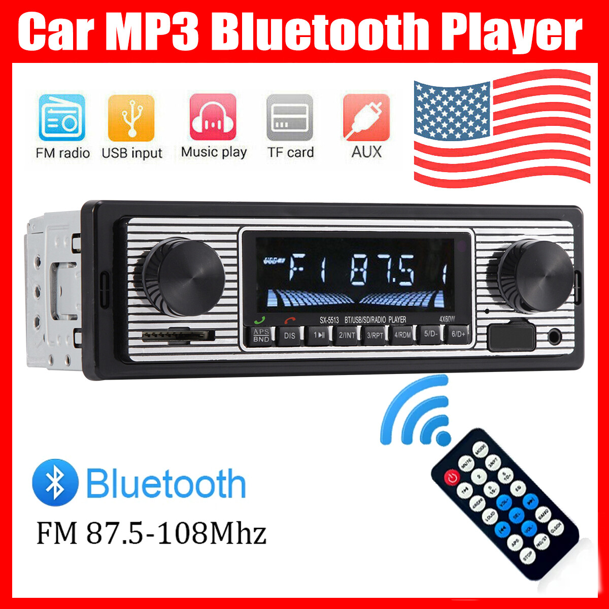 Bluetooth Vintage Car FM Radio MP3 Player USB Classic Stereo Audio Receiver AUX