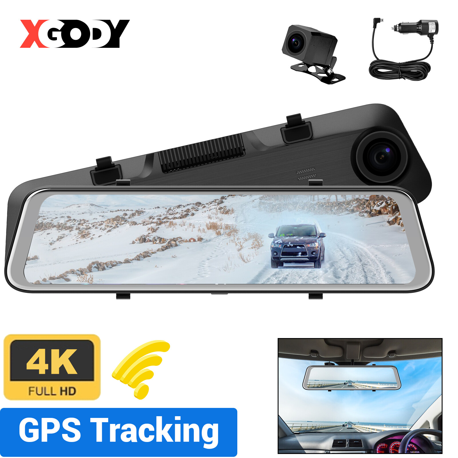 4K 12″ FHD Dual Dash Cam Car DVR Rear View Mirror GPS Camera WiFi Video Recorder