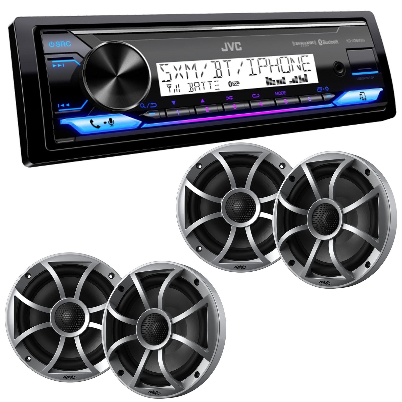 JVC Marine Receiver w/ Bluetooth USB SiriusXM 2Pairs Wet Sounds 6.5″ Speakers