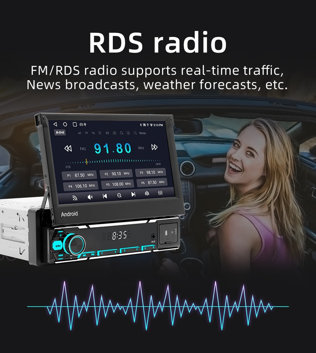 7” Single Din Android 15 Retractable Screen Car Stereo Radio GPS WIFI Carplay