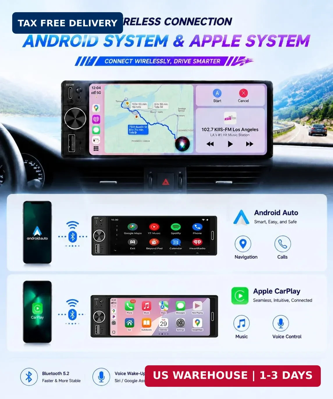 6.5″ Wireless Single Din Car Stereo with Apple CarPlay 720×1280 HD in Cell Touch