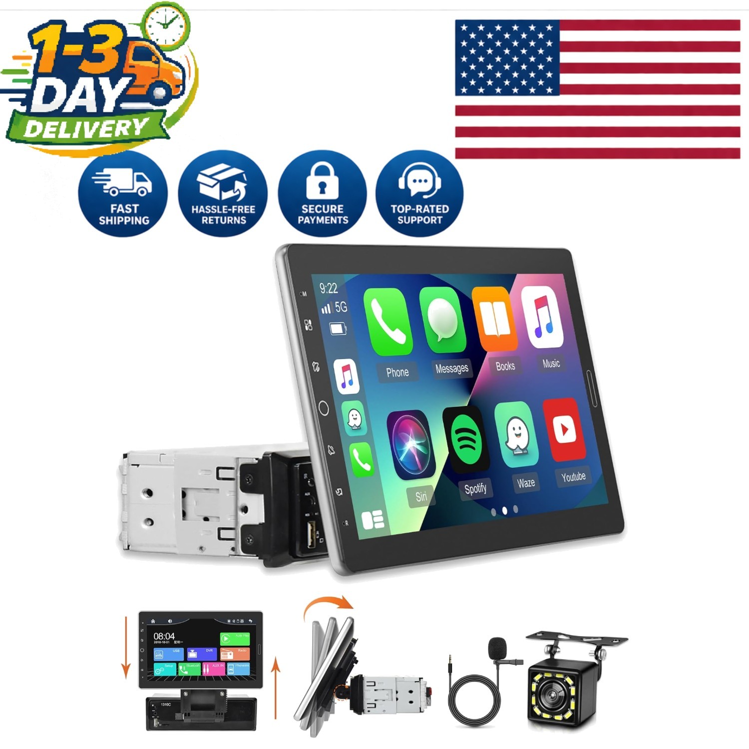 Single Din Car Stereo with Bluetooth, 10.1 Inch Display & Hands-Free Microphone
