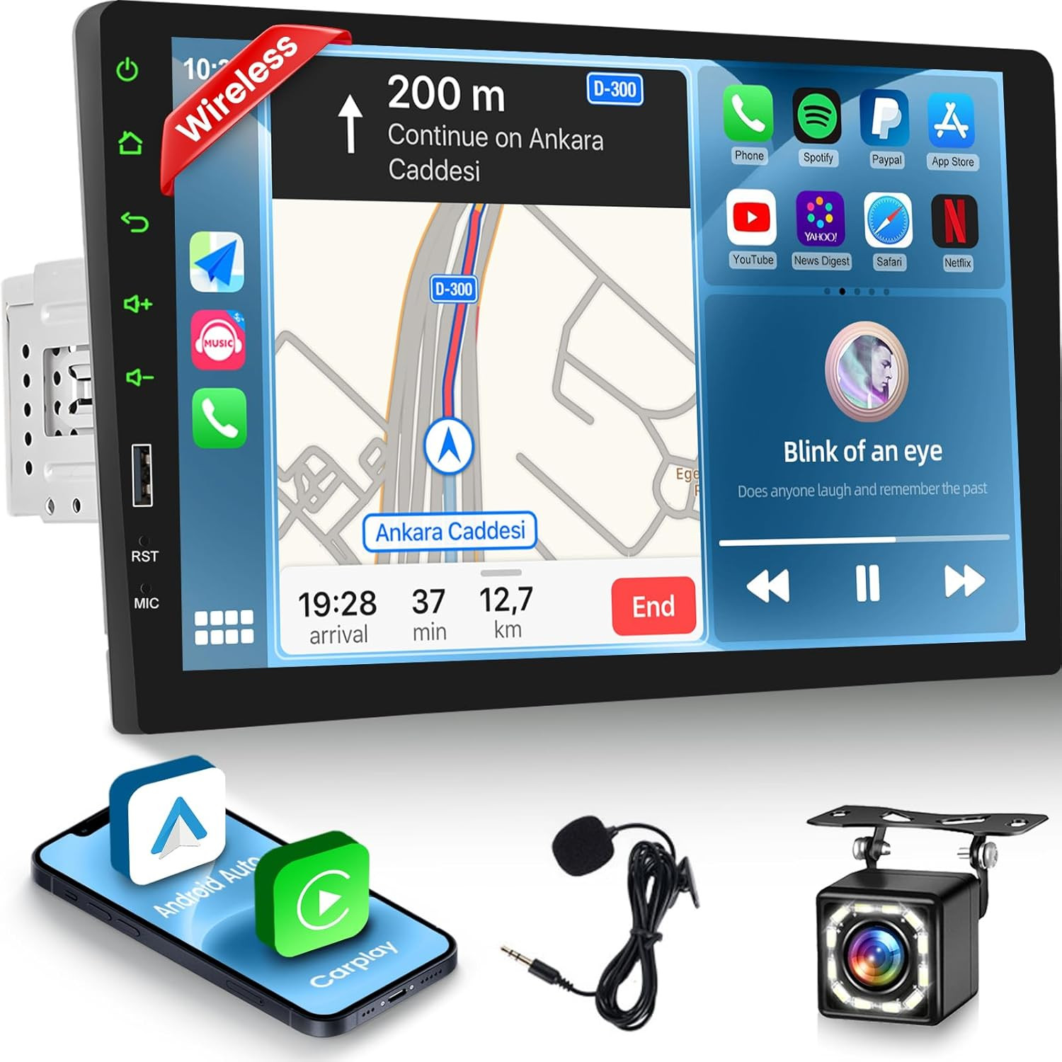 Single Din Touchscreen Radio with Wireless Carplay and Android Auto – 9 Inch Car