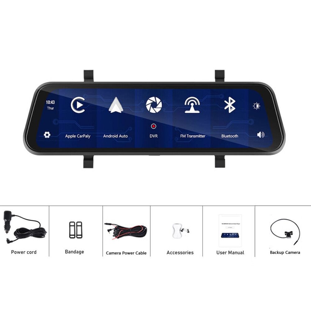 9.66″ Car Dash Cam Wireless Apple CarPlay Android Auto Dual Front & Rear Camera