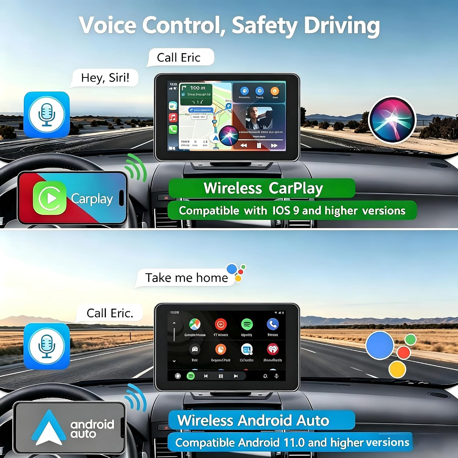 Carplay Screen for Car with Apple Carplay/Android Auto, 7″ Wireless Car Stereo,