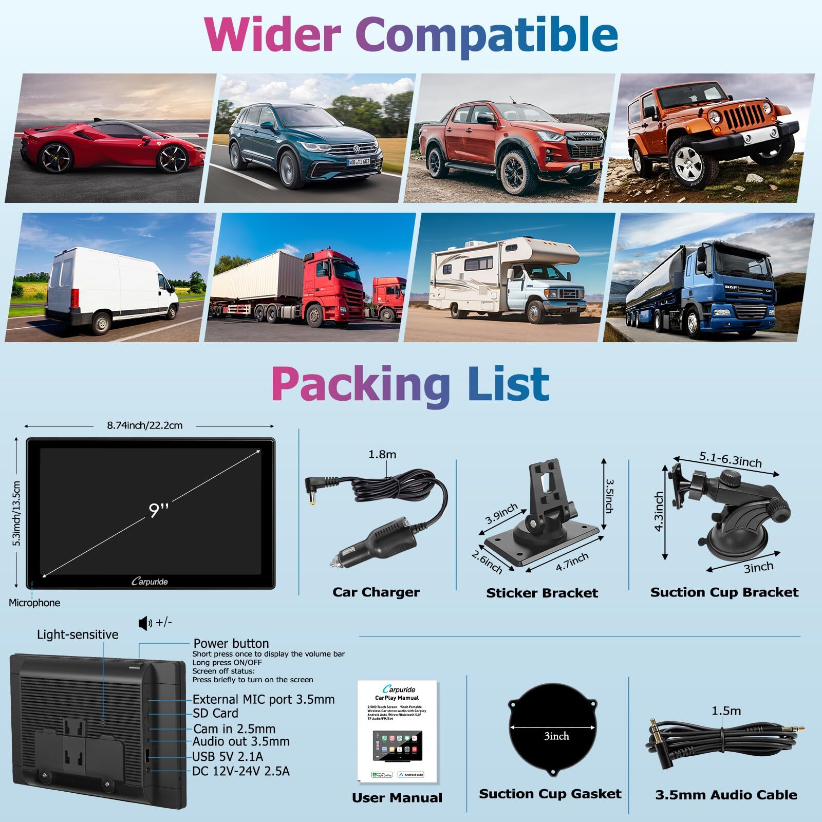 Carpuride W901 Carplay Android Auto Portable Car Stereo Mirror Link Bluetooth