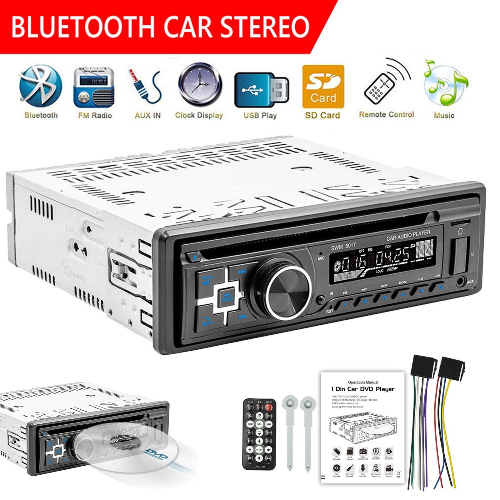 Single 1 Din Car Radio Stereo Audio DVD CD MP3 USB/AUX/SD/FM Player Bluetooth