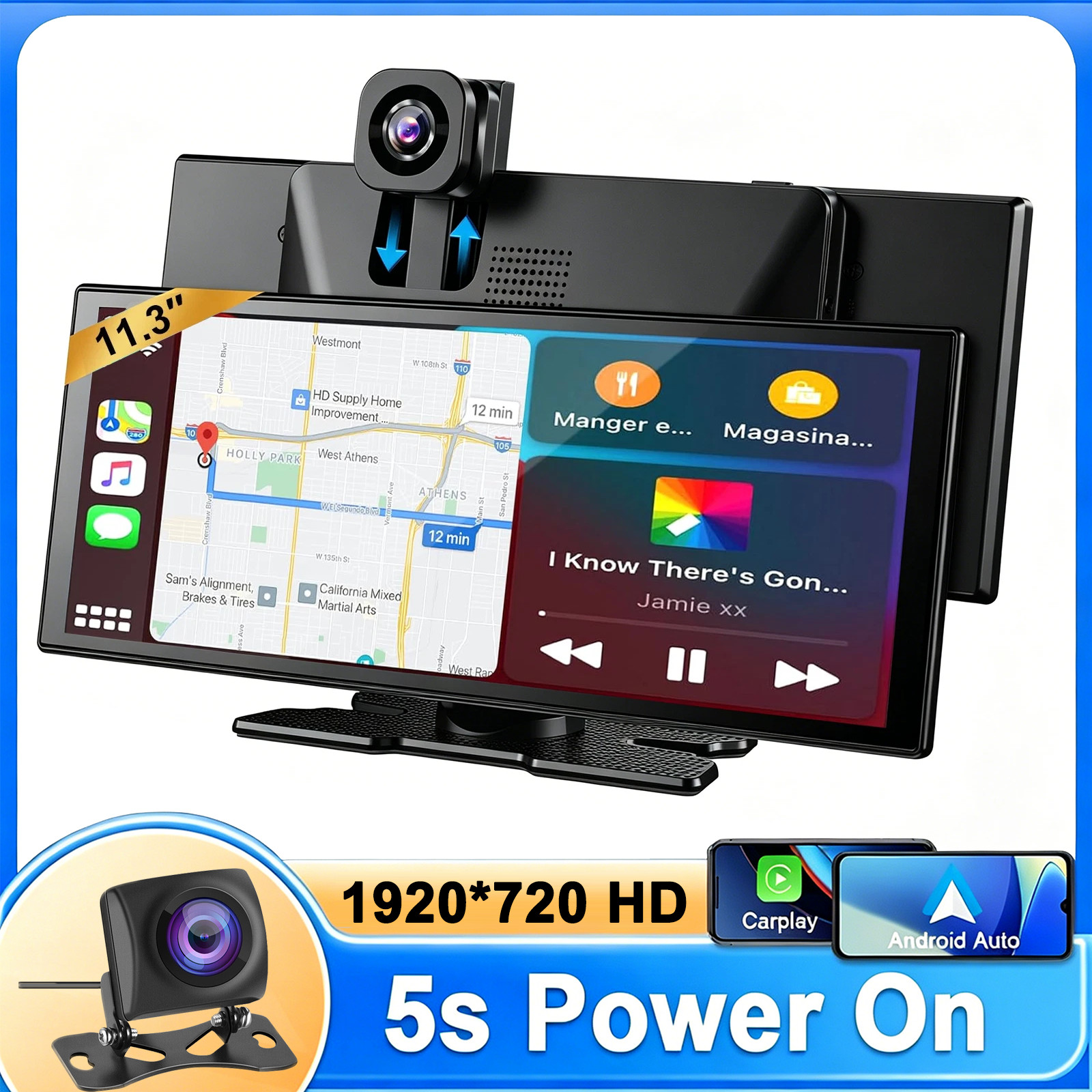 11.3″ 4K Portable CarPlay Screen for Car Apple Android Auto Radio Dash Cmaera