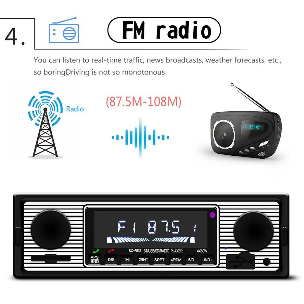 Bluetooth Vintage Car MP3 Player FM Radio AUX Classic Stereo Audio Receiver UE