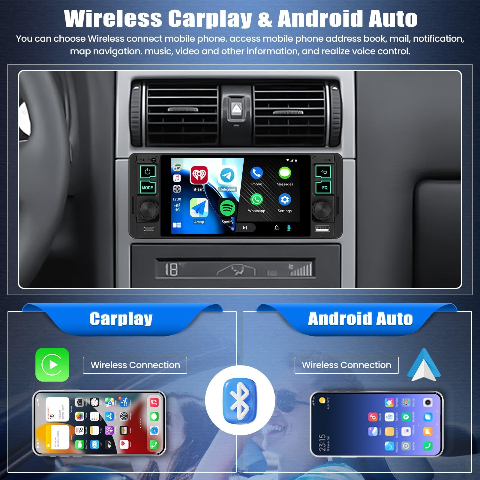 Single Din Car Stereo with Wireless CarPlay, Android Auto, 5.1″ Touchscreen, Blu