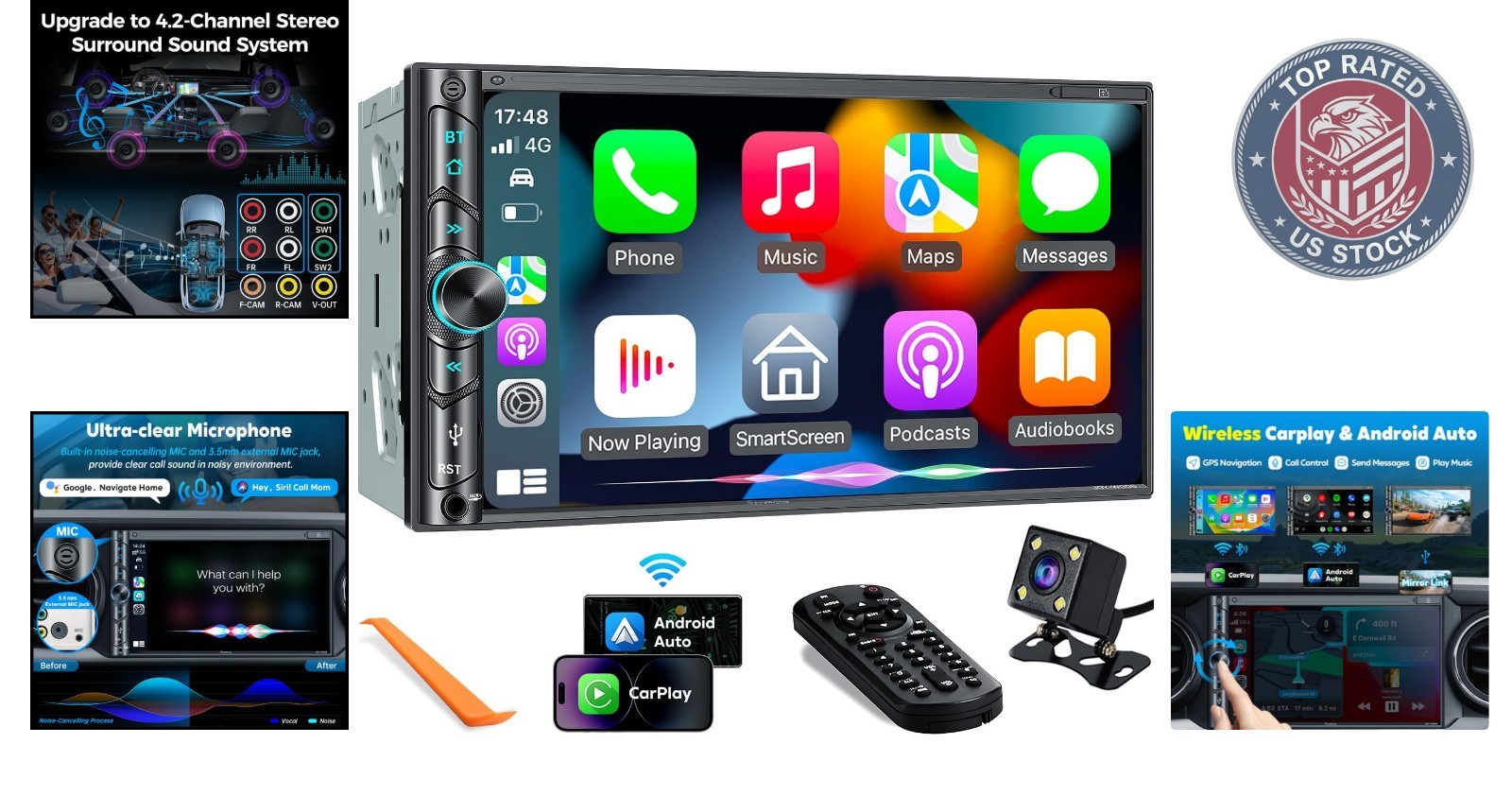 Double Din Car Stereo: Wireless Carplay, Android Auto & Backup Camera