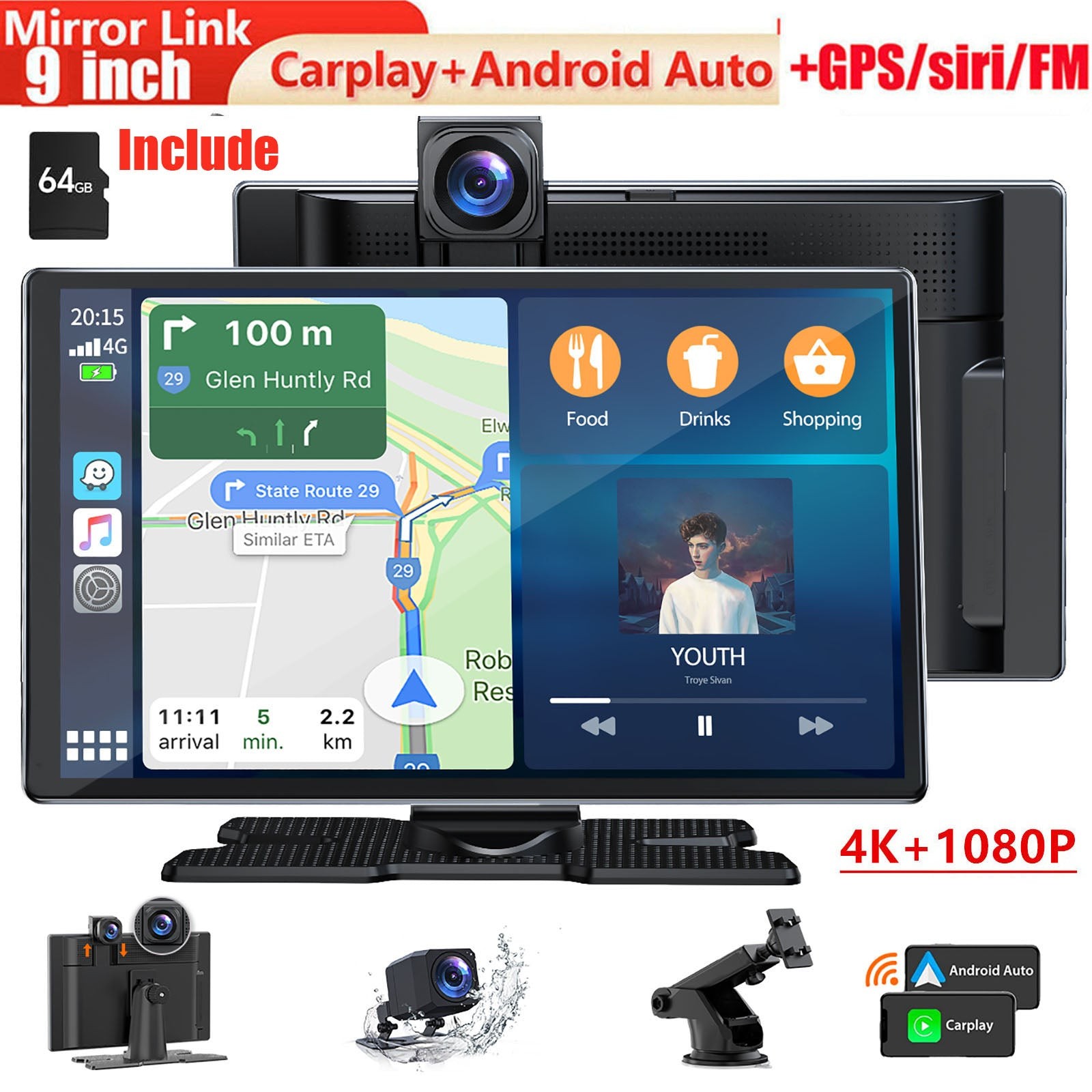 4K Dash Cam 9″Car Stereo Radio Wireless Apple Carplay&Android Auto+1080P Camera