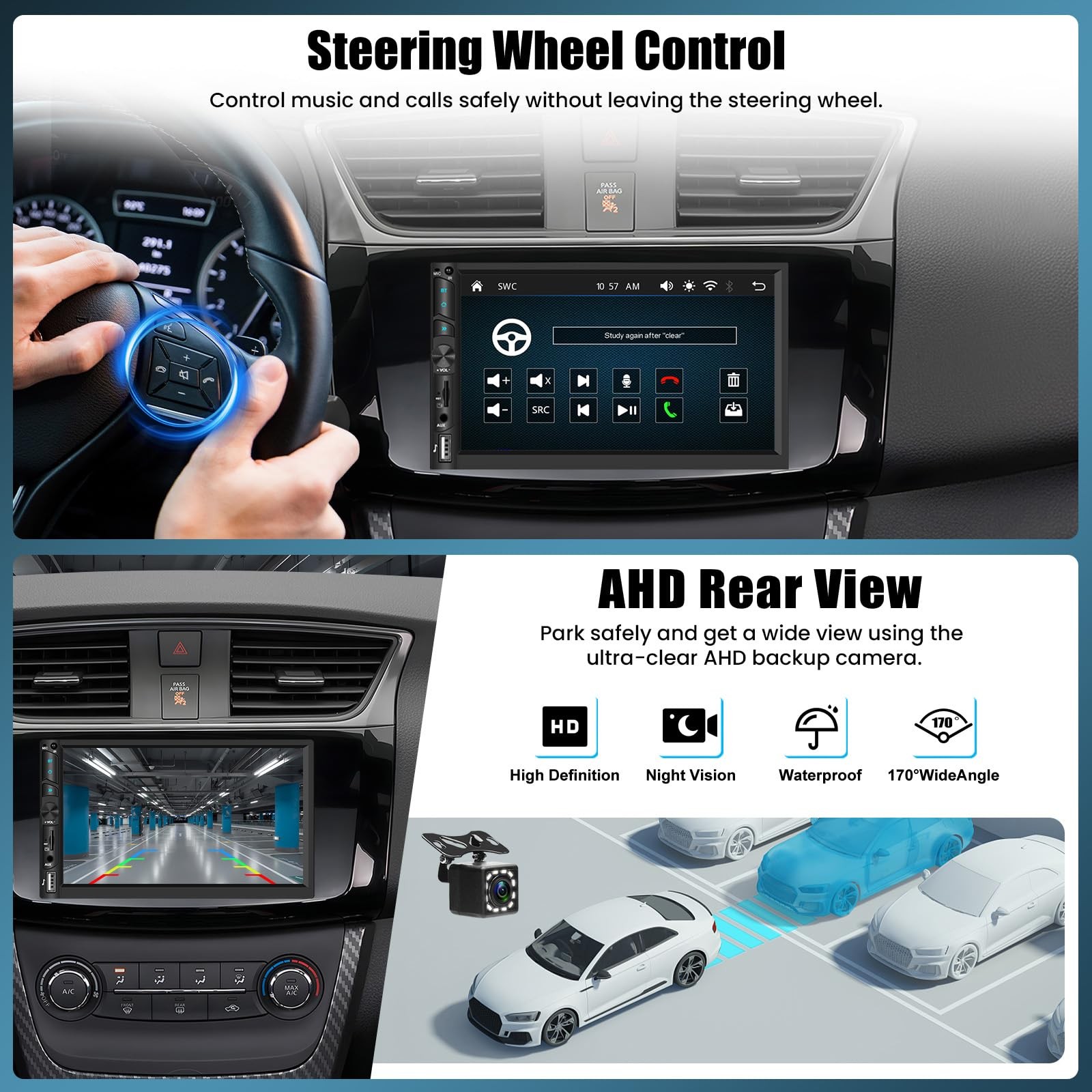 Double Din Wireless Carplay Android Auto Bluetooth Car Radio, 7 Inch Model 2