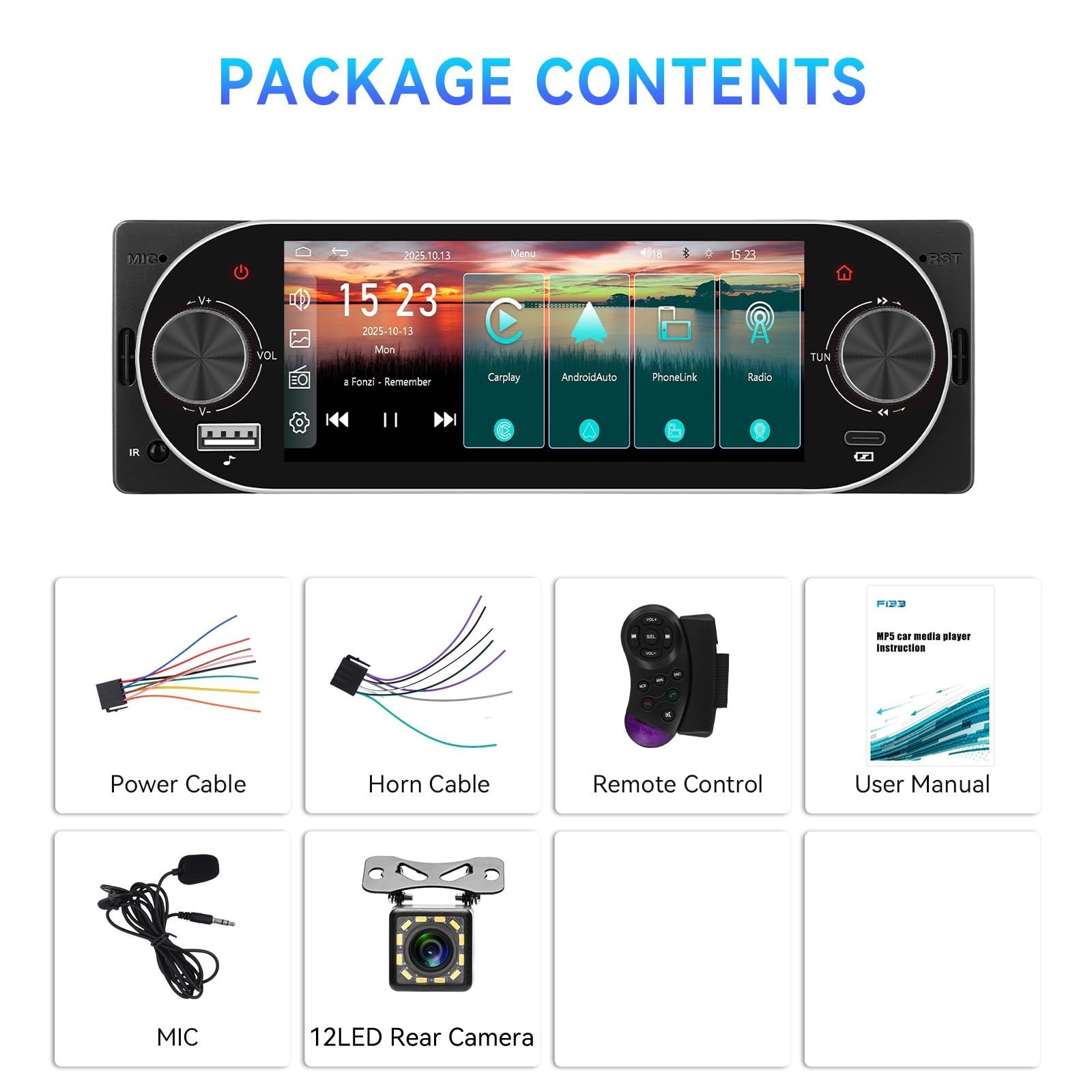 Single Din Car Stereo with Wireless Carplay & Android Auto, 5.1″ Touchscreen, Bl