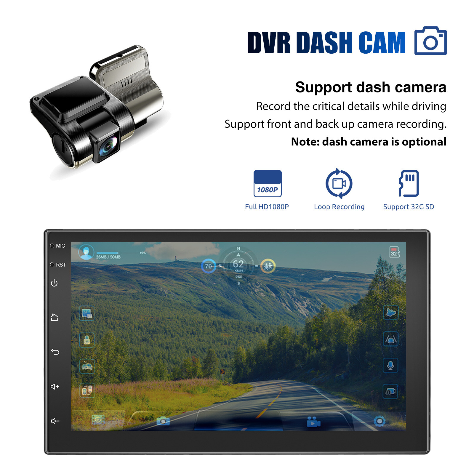 7 Inch Android 13 Carplay Car Stereo Bluetooth GPS Navi 2+32G 2 DIN + Camera DVR