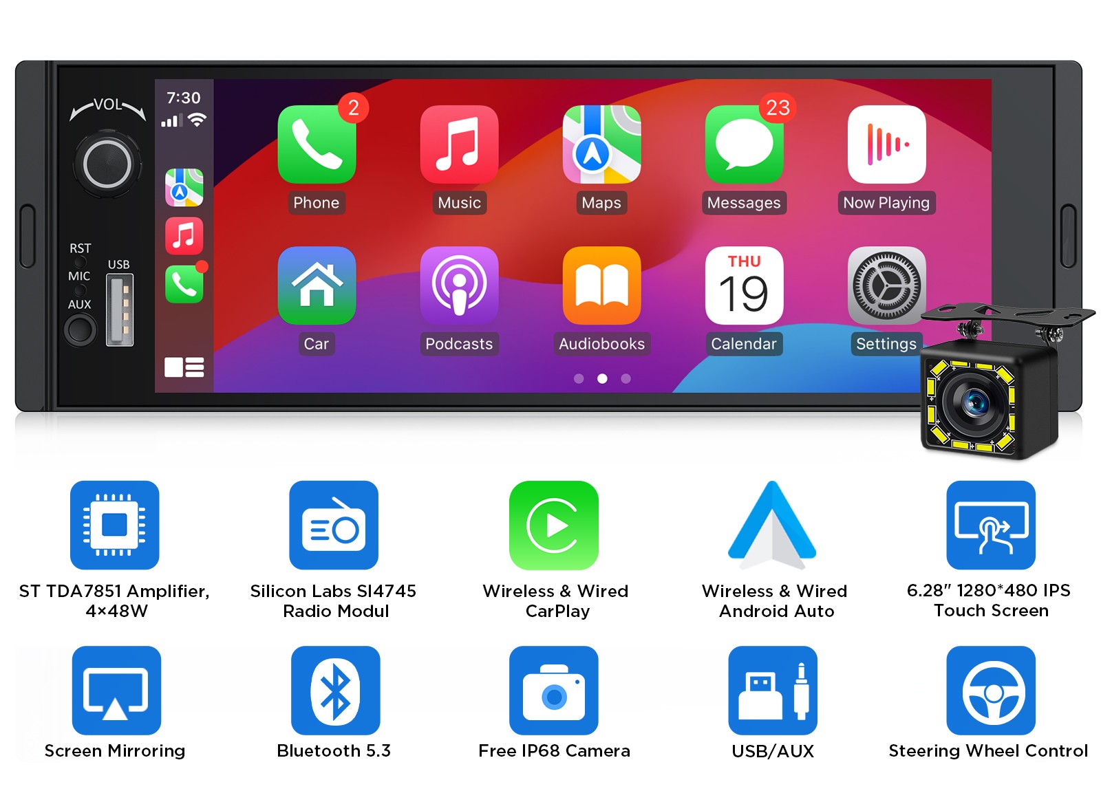 Eonon X3U Single 1 DIN Android Auto 6.28″ IPS Car Stereo Radio Wireless CarPlay