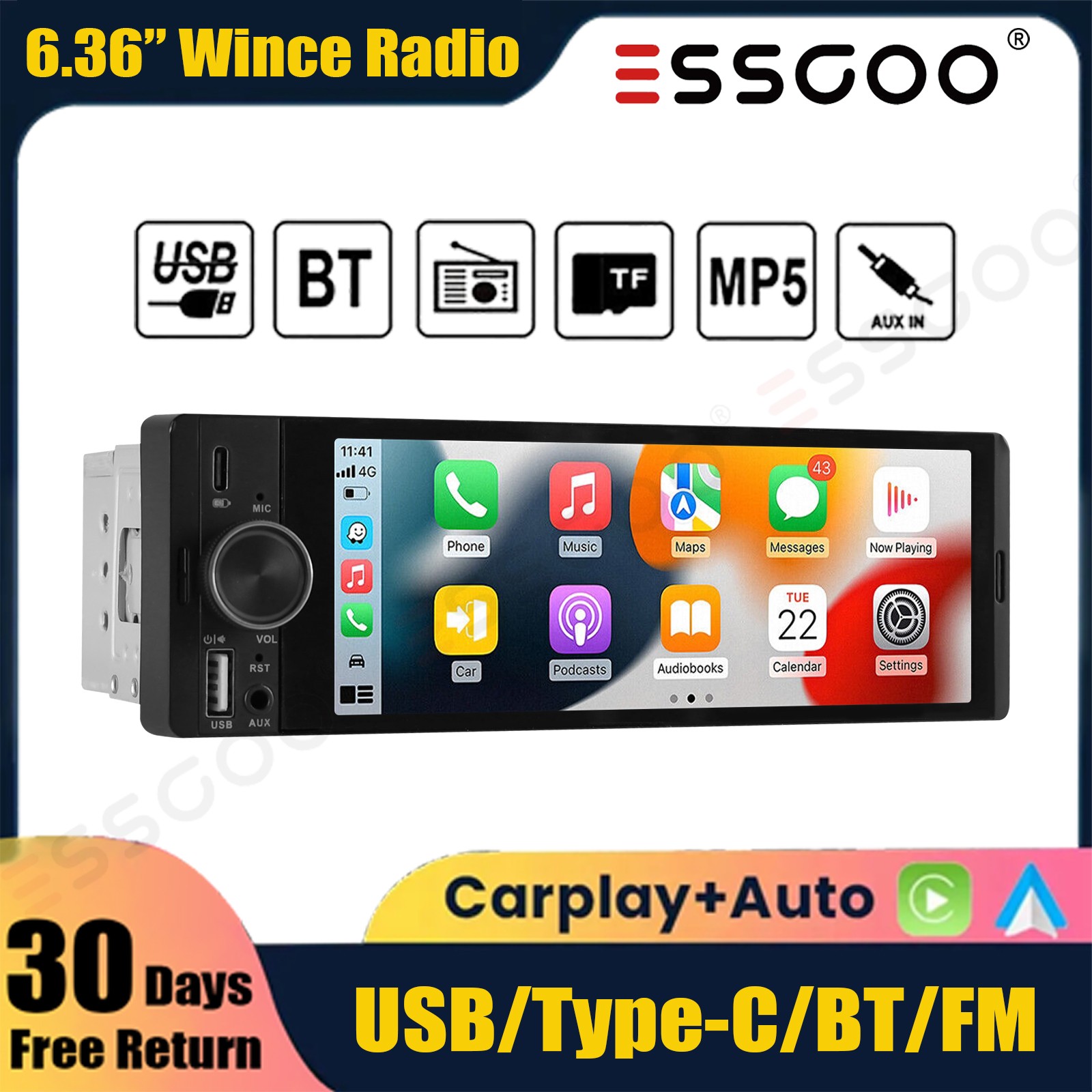 6.36″ Single 1 DIN Apple CarPlay Android Auto Car Radio Stereo Bluetooth USB SWC