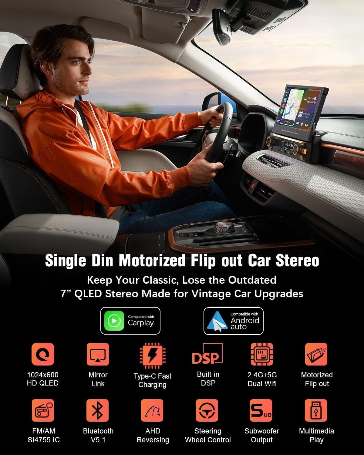 Newest Single Din Touchscreen Radio with Wireless Carplay&Android Auto,7 inch