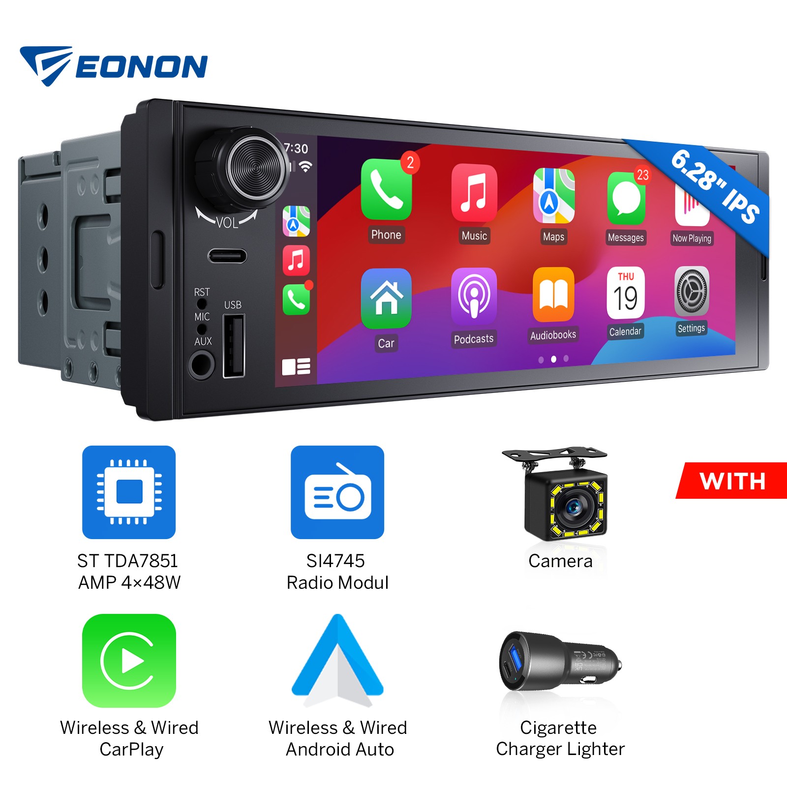 In Dash 1 DIN 6.28″ IPS Android Auto Car Stereo Radio Wireless CarPlay GPS 4*48W