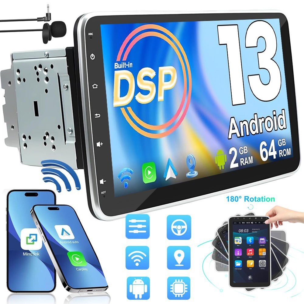 10.1” Android 13 Rotatable GPS Car Stereo Radio Double 2 DIN Touch Screen Dash