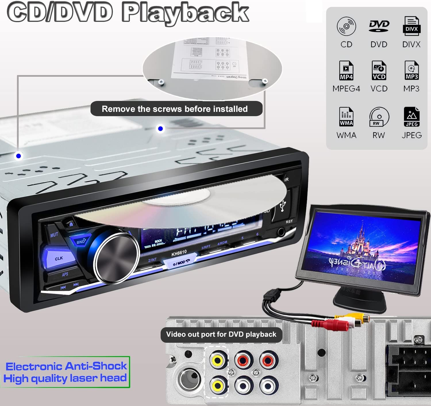 Single Din Car Stereo with CD/DVD Player | Bluetooth | FM/AM/RDS Radio | USB SD