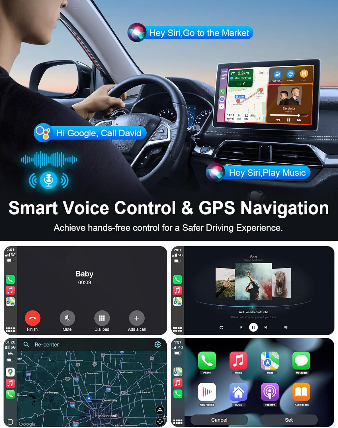 Oscio9″ Wireless Carplay Android Auto Screen with 4K Dash Cam & 1080P Backup cam