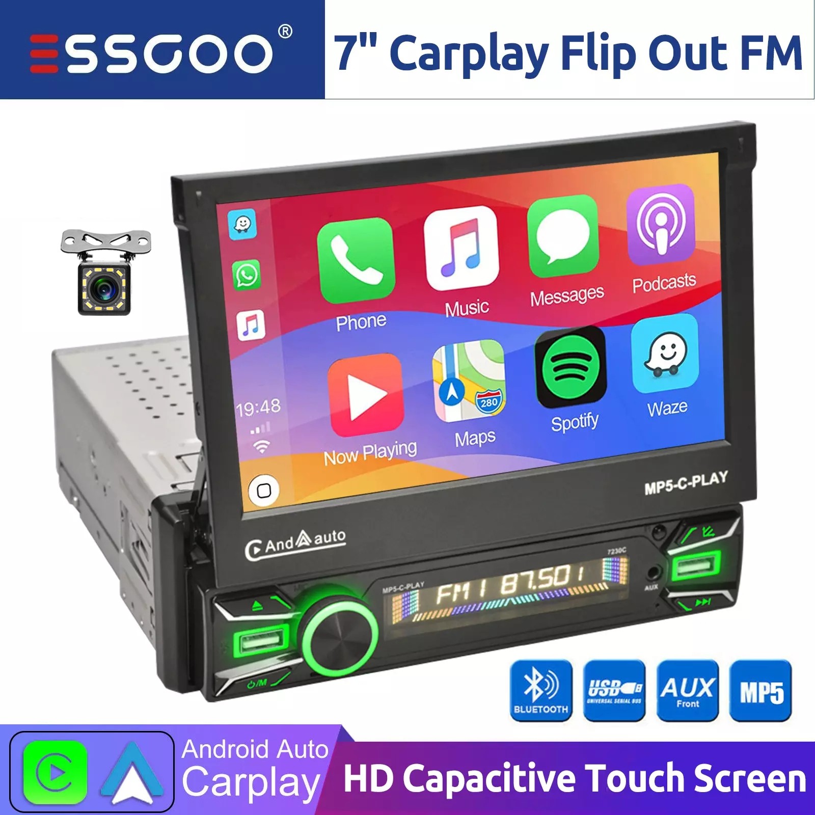 Single 1 Din Car 7” Stereo Radio Carplay Flip Out Touch Screen Automatic FM+Cam