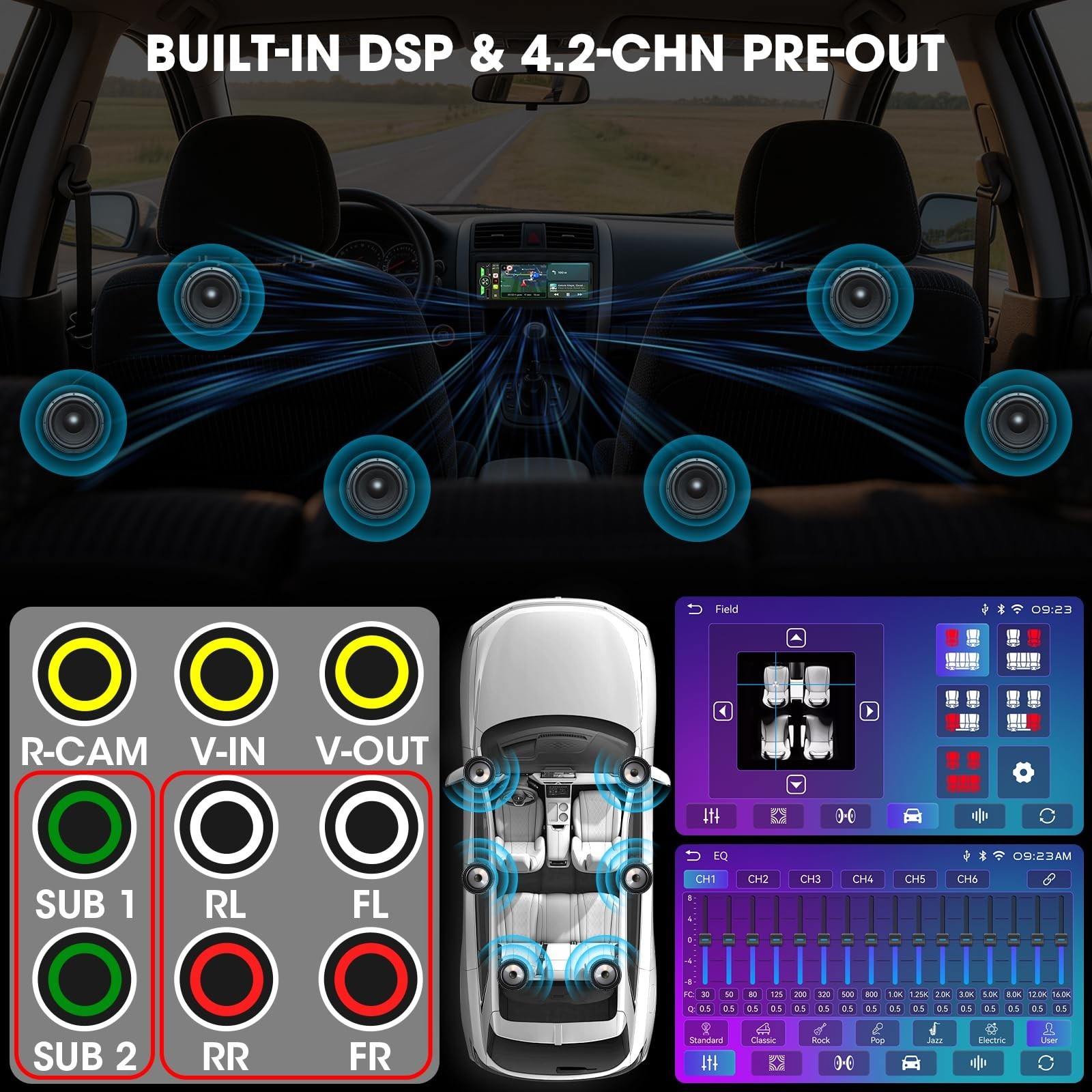 6.5″ CarPlay Android Auto Stereo – Bluetooth Touchscreen, USB-C, 4.2 CHN, 2 Sub