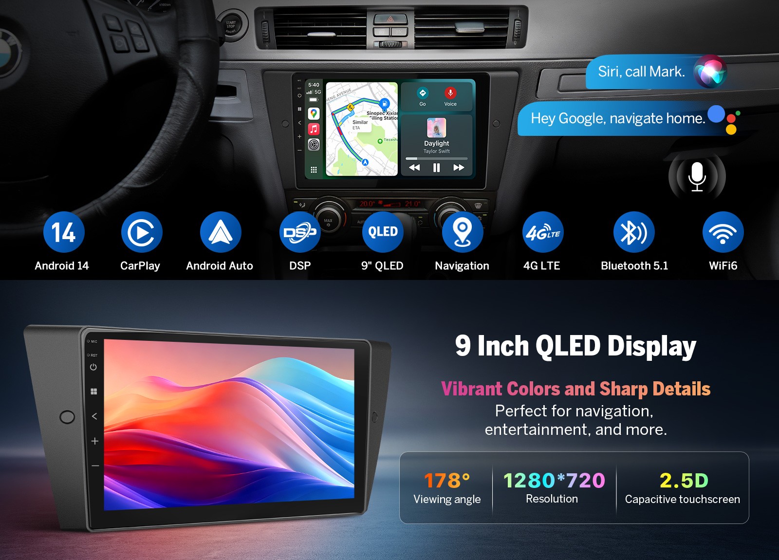 9″ QLED Android 14 6+64G Car Stereo Head Unit for BMW E90 335i CarPlay DSP Audio
