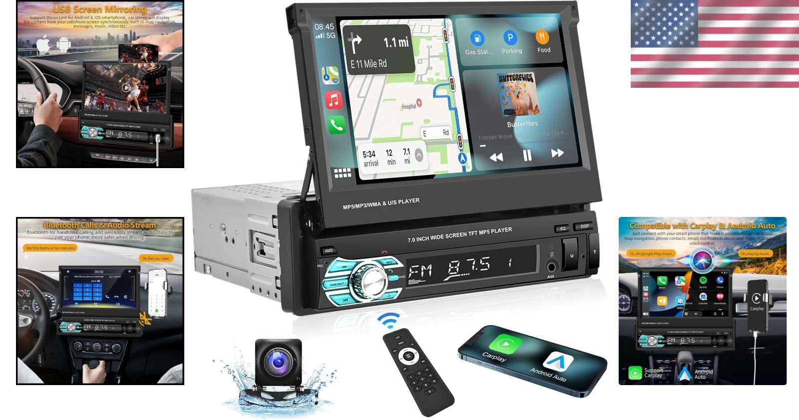 Single Din Car Radio – 7″ Flip Screen, Bluetooth, Mirror Link, AHD Backup