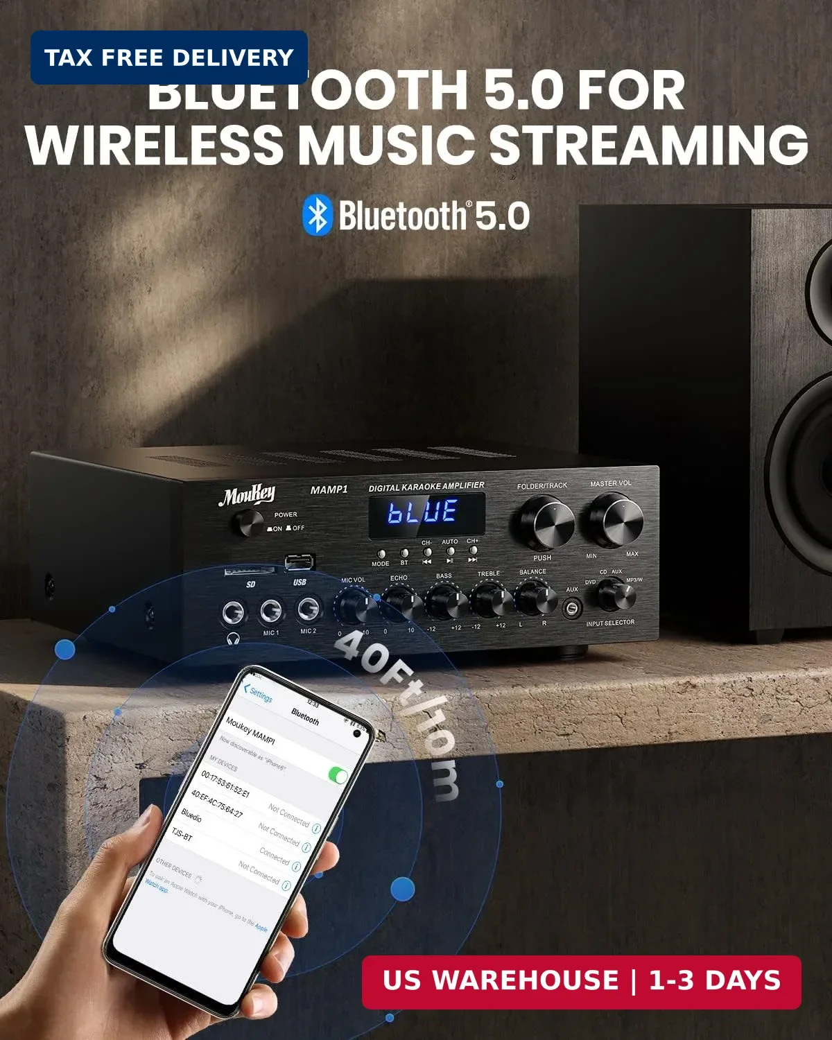 LED Display Stereo Receiver with Bluetooth 5.0 Technology