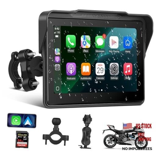 Motorcycle CarPlay Screen 7″, Waterproof GPS Display for Motorbike, Dual Mount