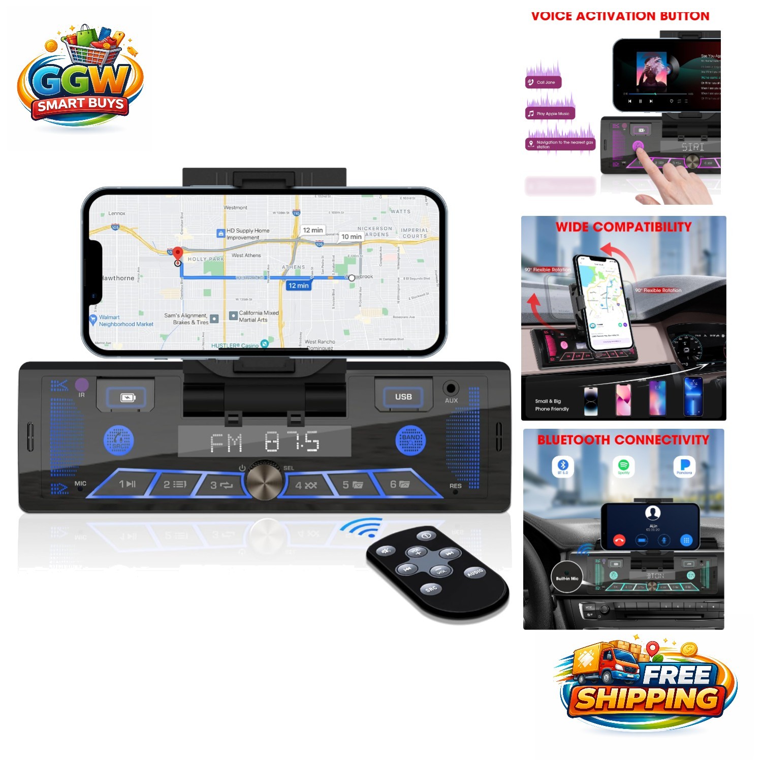 Bluetooth Single-Din Stereo with Pop-Out Phone Cradle – 300 Watts & Multi-Col…
