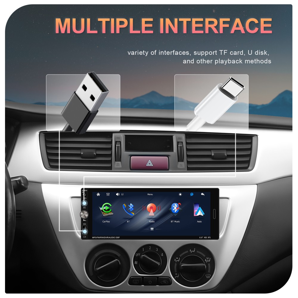 6.9” Single 1 Din USB Car Stereo Apple CarPlay touchscreen Bluetooth Radio SWC