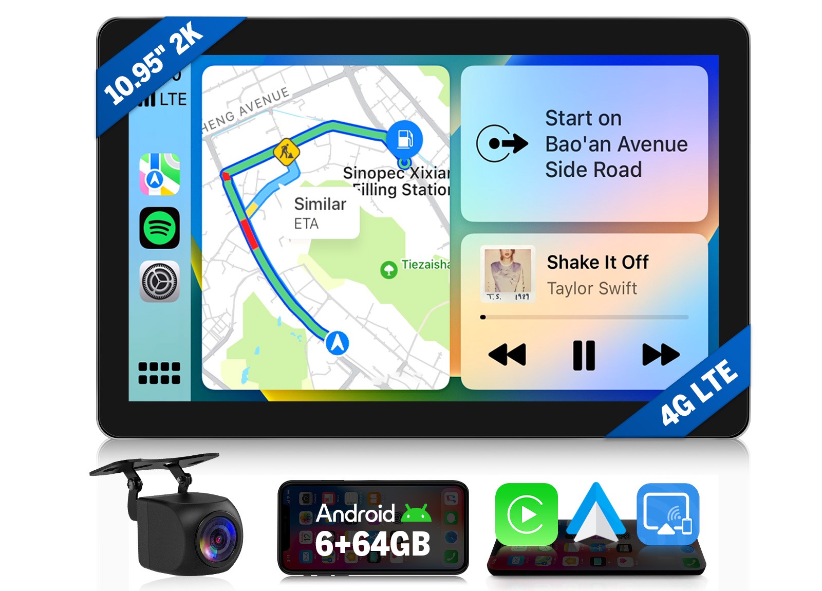 Android 13 8Core 6+64 10.95″ 2K 1DIN Car Stereo GPS CarPlay Radio Bluetooth WiFi