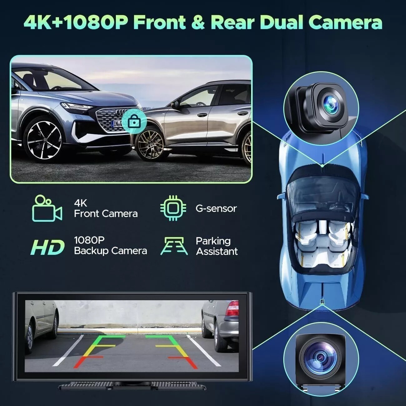 10.26″Car Stereo Radio 4K Dash Cam Wireless Apple Carplay&Android Auto+1080P Cam