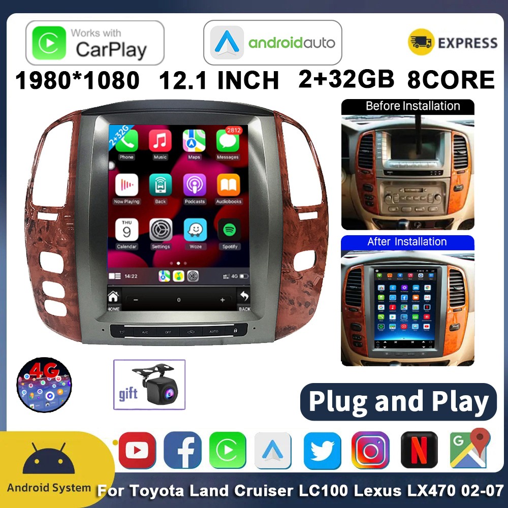 For Lexus LX470 Toyota Land Cruiser LC100 12.1” CarRadio Stereo GPS Carplay 32G
