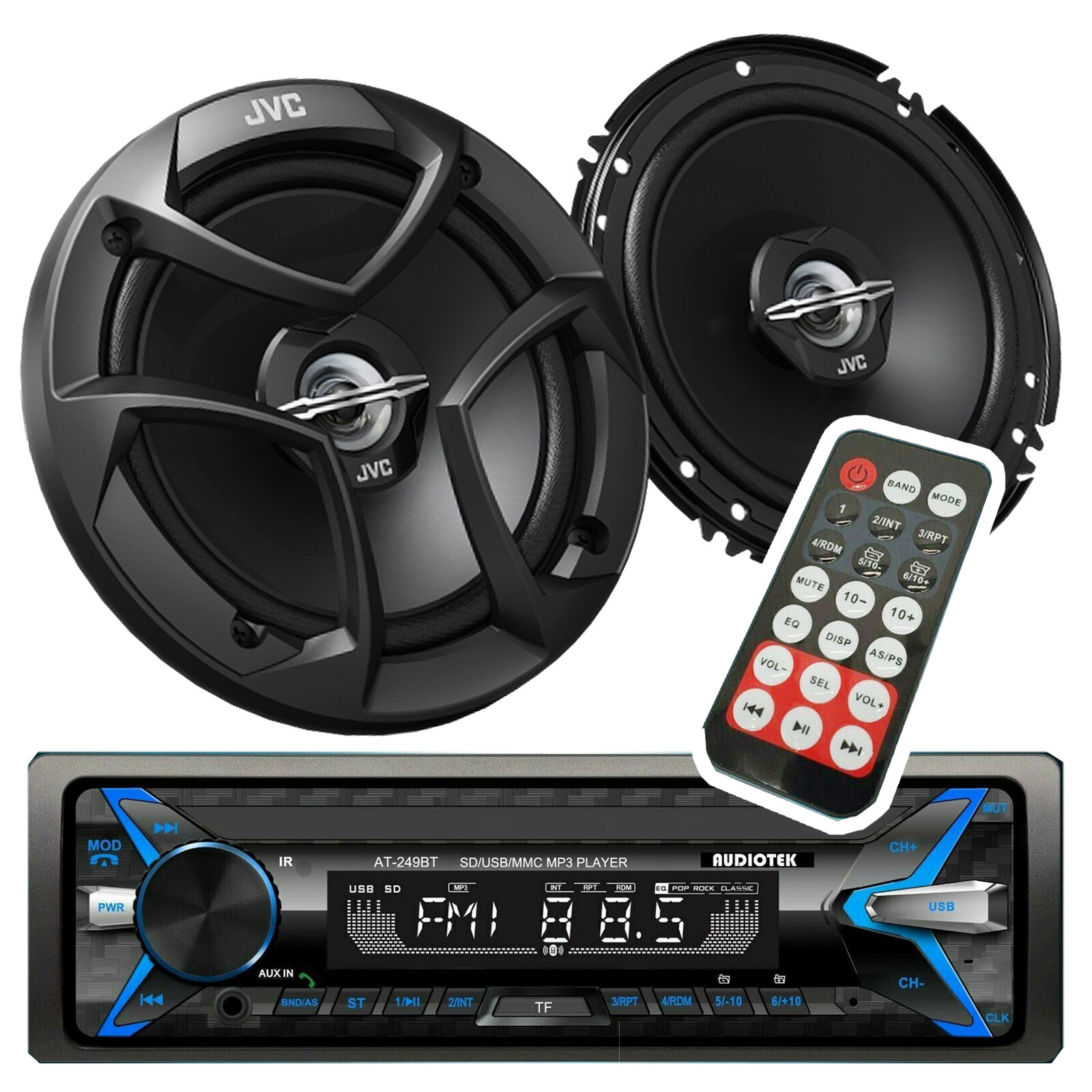 Audiotek Car stereo Bluetooth FM Radio Receiver USB + 2x JVC 6.5″ 300W Speakers