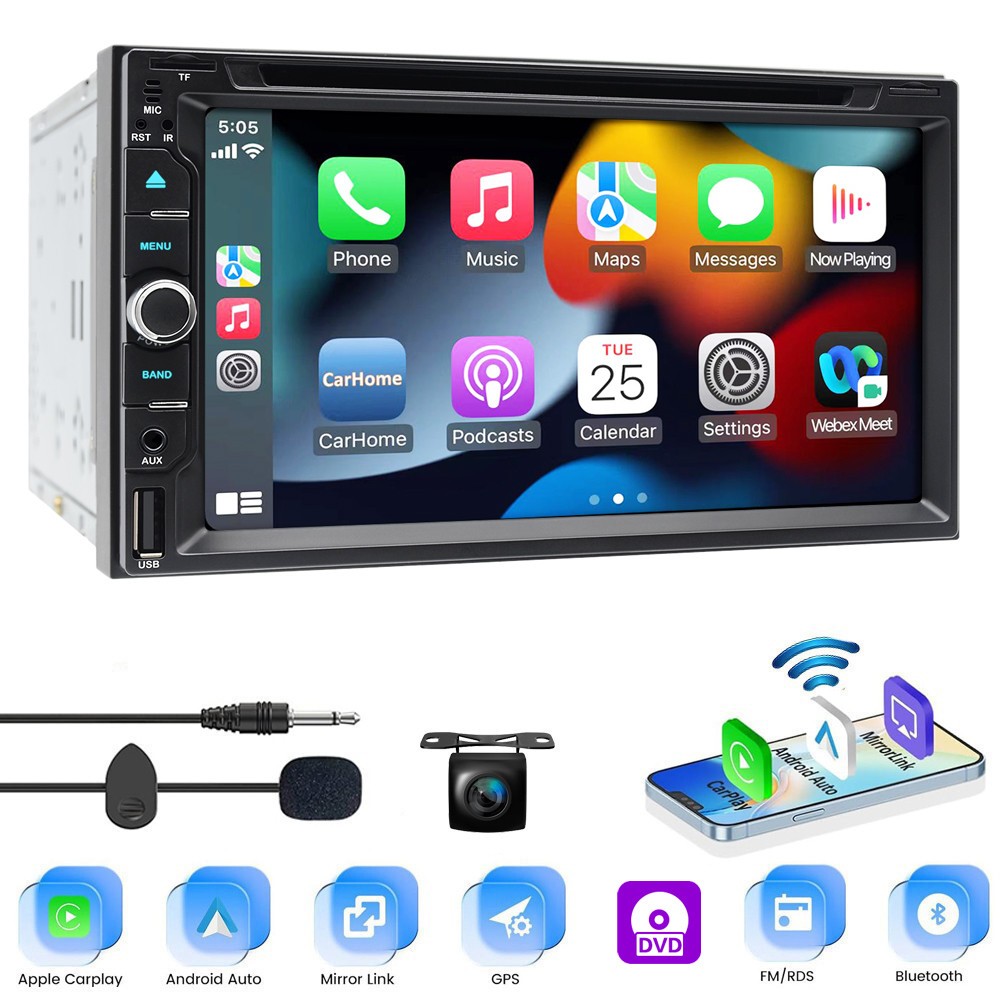 7” 2 DIN Audio In-Dash Car Stereo Radio CD DVD Bluetooth Wireless Auto CarPlay