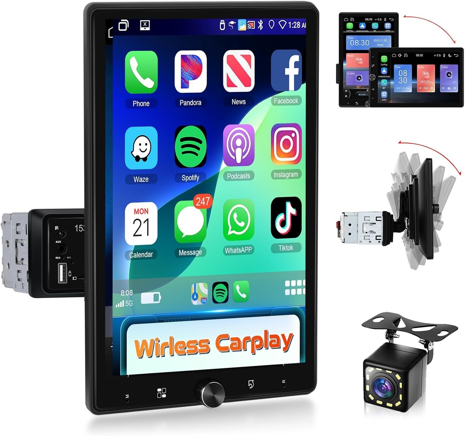 10.4″ Single Din Radio Car Stereo with Wireless CarPlay & Android Auto, Rotat…