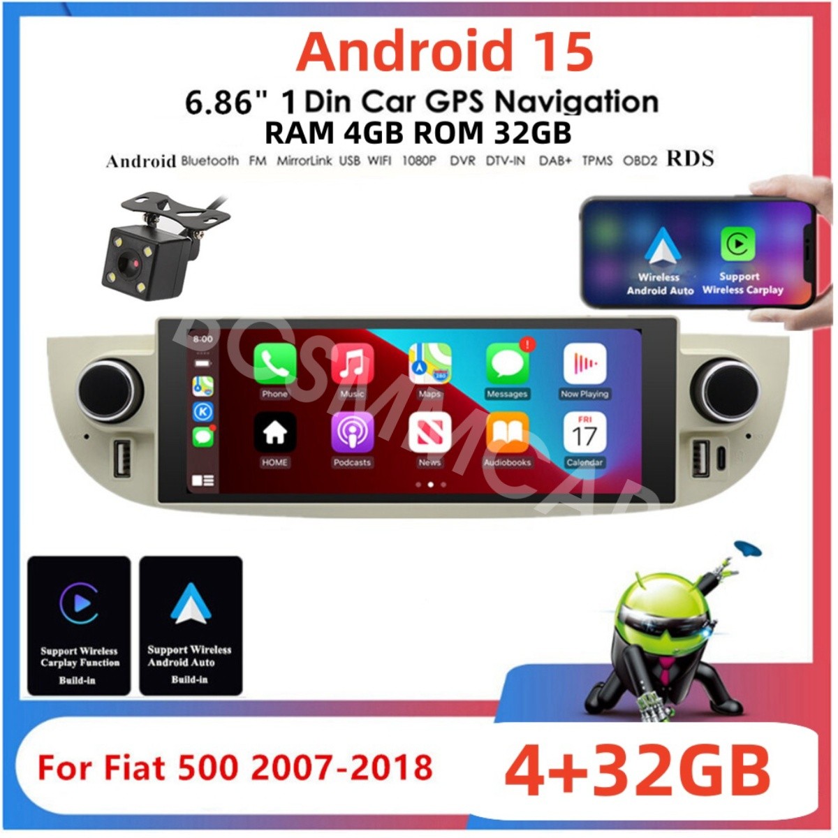 Touch Screen Car Stereo Radio Head Unit Fit For Fiat 500 2007-2015 W/Free Camera