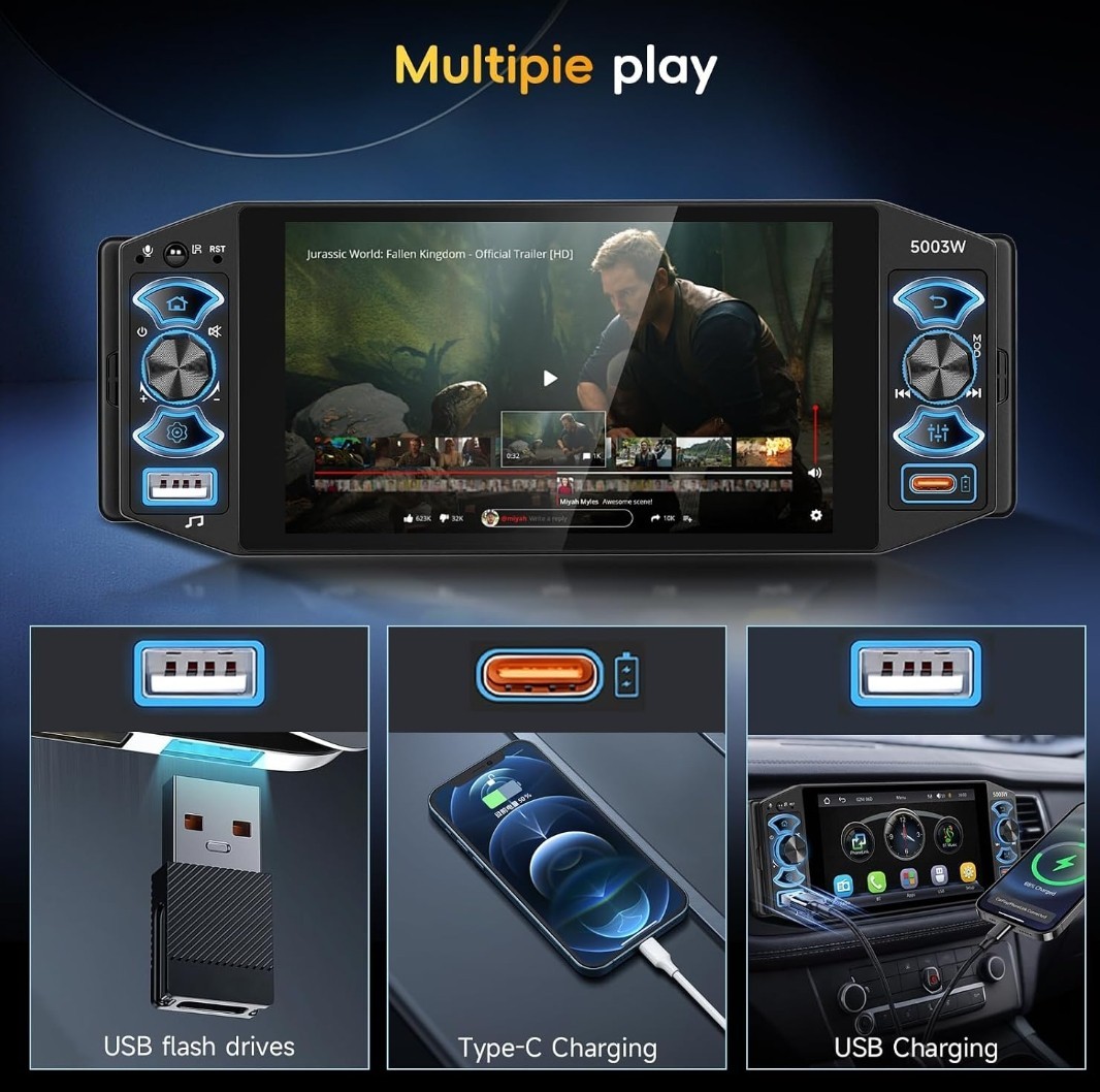 Single Din Car Radio 5” IPS Touch Screen Wireless CarPlay Android Auto BT FM USB