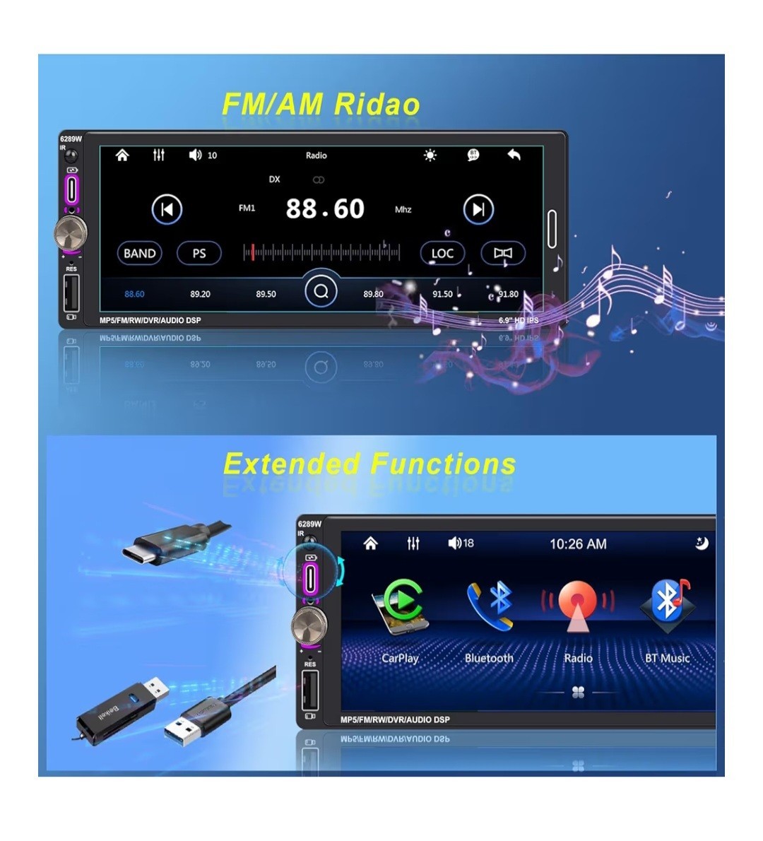 6.9″ Single DIN Car Radio with Wireless Apple CarPlay, Car Bluetooth 5.2, AM FM